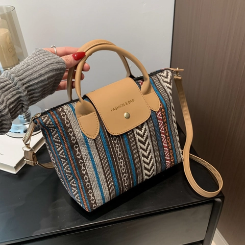 Γυναικεία Vintage Εθνική Υφαντή Τσάντα Tote Μποέμ Ριγέ Καμβά Τσάντα Ώμου Μεγάλης Χωρητικότητας Τσάντα Χειρός Με Λαβή PU