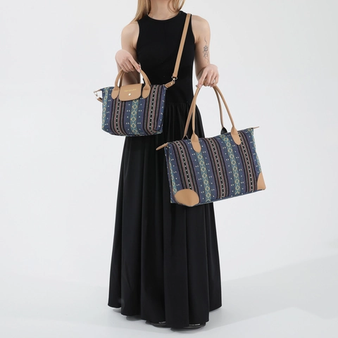 Γυναικεία Vintage Εθνική Υφαντή Τσάντα Tote Μποέμ Ριγέ Καμβά Τσάντα Ώμου Μεγάλης Χωρητικότητας Τσάντα Χειρός Με Λαβή PU