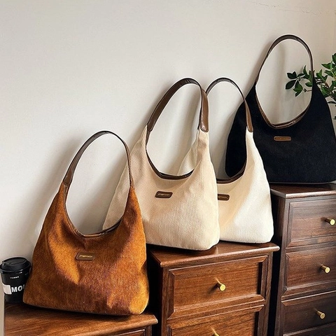 Large Capacity Corduroy Tote Bag For Women Vintage Simple Shoulder Underarm Bag Fashion Casual Hobo Purse Contrast Color Strap