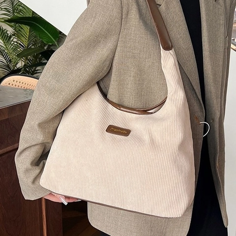 Large Capacity Corduroy Tote Bag For Women Vintage Simple Shoulder Underarm Bag Fashion Casual Hobo Purse Contrast Color Strap