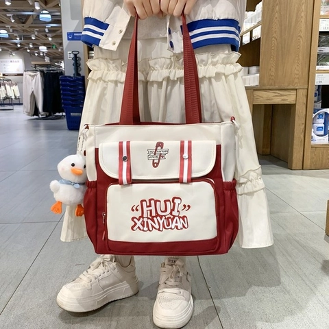 Mochila de Tela Oxford de Gran Capacidad Estilo Preppy Color de Contraste Bolso de Mano para Estudiantes Colgante Pato Mujer