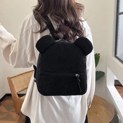 Süßer Cord Rucksack Für Damen Mini Bärenohren Daypack Casual Urban Travel Umhängetasche Leicht Reißverschluss Schultasche Geschenk