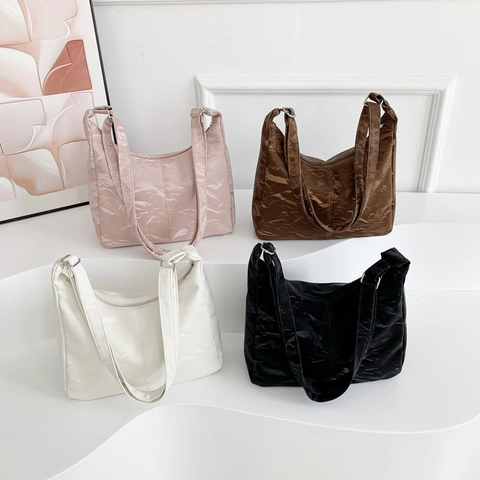 Borsa Sottobraccio in Pelle PU Moda Donna Grande Capacità Texture Increspata Borsa Hobo Minimalista Urbana Cuciture Borsa Tote Giornaliera