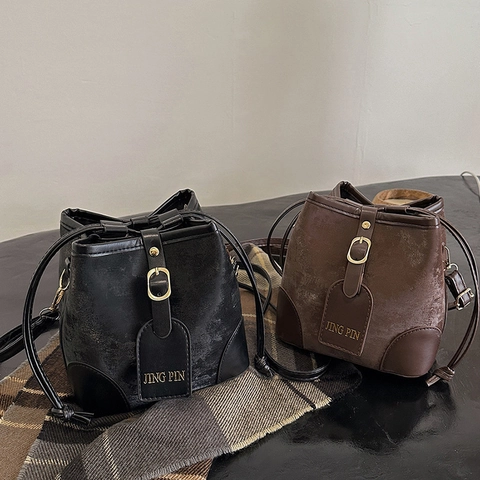 Women Retro PU Leather Bucket Bag Contrast Color Splicing Drawstring Shoulder Bag Korean Style Casual Crossbody Handbag