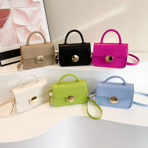 Women Urban Minimalist PU Leather Shoulder Bag Retro Small Square Bag With Round Metal Buckle Casual Handbag Crossbody Bag