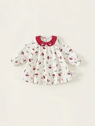 Kleinkind Mädchen Süßes Pilzdruck Baumwolle Langarmkleid Roter Peter-Pan-Kragen A-Linie Herbst Casual Partykleid