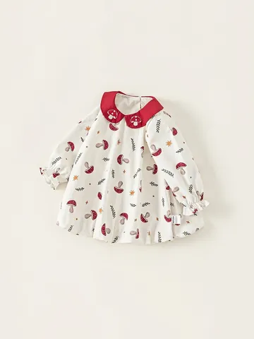 Kleinkind Mädchen Süßes Pilzdruck Baumwolle Langarmkleid Roter Peter-Pan-Kragen A-Linie Herbst Casual Partykleid