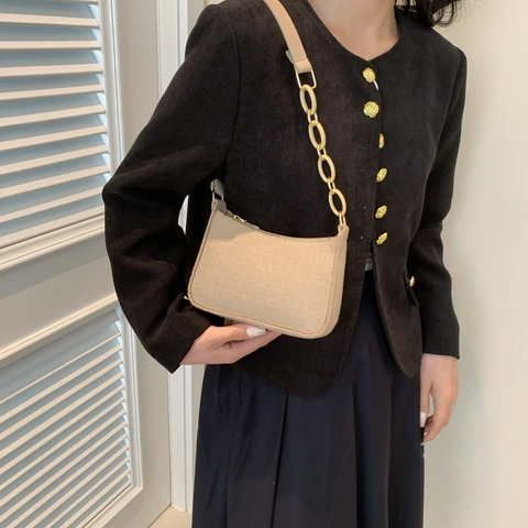 Women Croc Embossed Canvas Underarm Bag Lightweight Fashion Shoulder Bag Casual Hobo Bag With Chain Strap Trendy Handbag