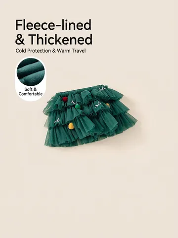 Kerstmis Meisjes Gelaagde Tule Tutu Rok Pompon Strik Decor Winter Warm Verdikte Rok Feestelijke Party Outfits Kinderkleding