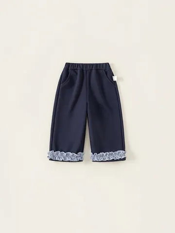 Mädchen Lässig Marineblau Baumwollmischung Hose Bequeme Elastische Taille Trousers Mit Kariertem Rüschensaum Für Frühling Herbst