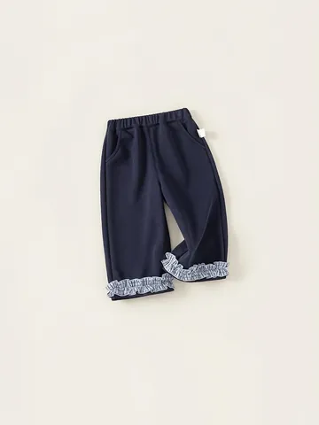 Mädchen Lässig Marineblau Baumwollmischung Hose Bequeme Elastische Taille Trousers Mit Kariertem Rüschensaum Für Frühling Herbst