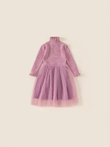 Girls Knitted Pearl Neck Spliced Mesh Dress Kids Sweet Princess Long Sleeve Tulle Dress Autumn Purple Clothing