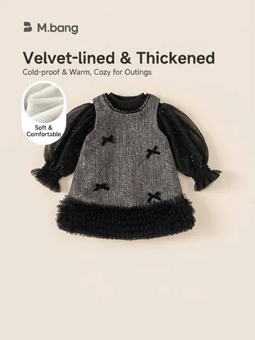 Elegante Set Vestito Invernale da Ragazza in Tweed Foderato in Pile Maniche in Mesh Paillettes Fiocco Patchwork Principessa Festa