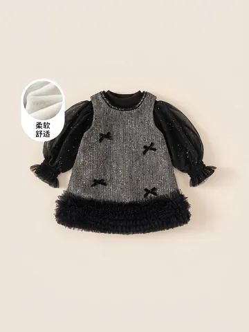Élégant Ensemble Robe d'Hiver en Tweed pour Filles Doublé Polaire Manches en Maille Paillettes Nœud Patchwork Robe de Princesse