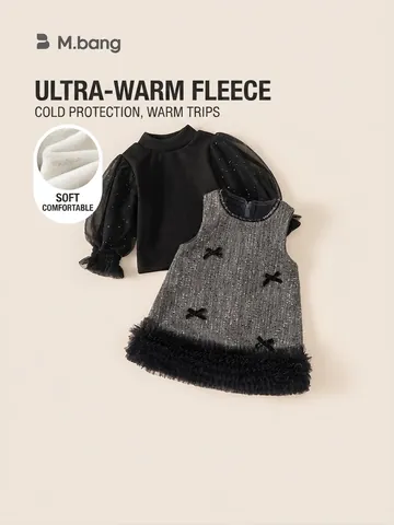Elegante Set Vestito Invernale da Ragazza in Tweed Foderato in Pile Maniche in Mesh Paillettes Fiocco Patchwork Principessa Festa