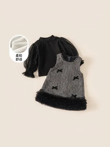Élégant Ensemble Robe d'Hiver en Tweed pour Filles Doublé Polaire Manches en Maille Paillettes Nœud Patchwork Robe de Princesse