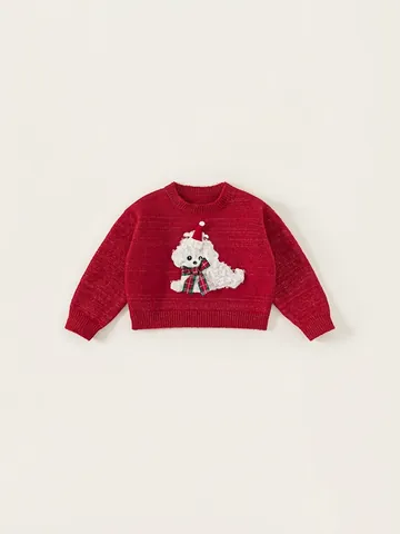 Maglione di Natale per Bambine in Maglia Rosso Con Applique di Cucciolo Morbido a Maniche Lunghe Top Caldo per Feste