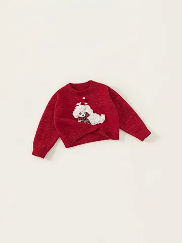 Maglione di Natale per Bambine in Maglia Rosso Con Applique di Cucciolo Morbido a Maniche Lunghe Top Caldo per Feste