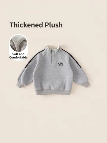 Felpa da Bambino Invernale Calda Foderata in Pile Ricamata Collo Rialzato Manica Lunga Pullover Bambini Grigio Melange