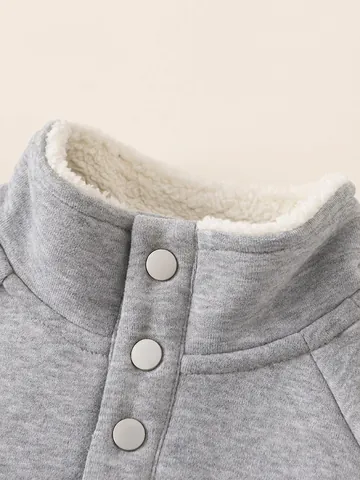 Felpa da Bambino Invernale Calda Foderata in Pile Ricamata Collo Rialzato Manica Lunga Pullover Bambini Grigio Melange