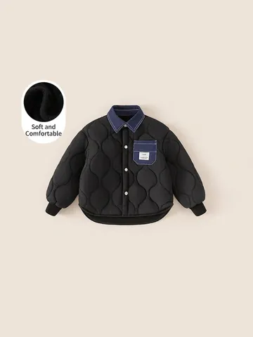 Jungen Winter Fleece-Gefüttert Gesteppte Jacke Denim-Patchwork Mantel Wellenmuster Warm Dick Revers Kinderjacke