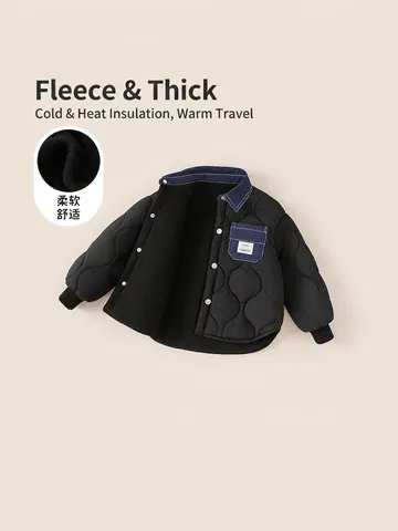 Jungen Winter Fleece-Gefüttert Gesteppte Jacke Denim-Patchwork Mantel Wellenmuster Warm Dick Revers Kinderjacke