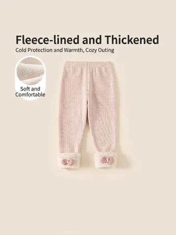 Baby Girls Fleece Lined Pants Winter Thickened Ribbed Knit Trousers With Bow Sherpa Trim Warm Sweet Pink Leggings Kids Bottoms