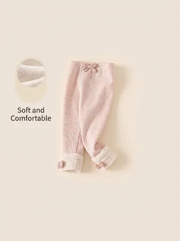 Baby Girls Fleece Lined Pants Winter Thickened Ribbed Knit Trousers With Bow Sherpa Trim Warm Sweet Pink Leggings Kids Bottoms
