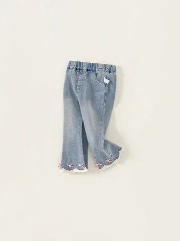 Girls Sweet Light Blue Flare Jeans Elastic Waist Denim Pants With Scalloped Lace Trim And Bow Artificial Pearl Flower