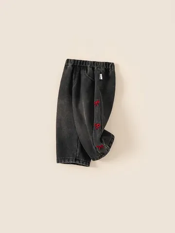 Pantaloni in Denim Foderati in Pile da Ragazza Caldi Invernali Jeans Dritti Ricamati con Fiocco Bambini Vita Elastica