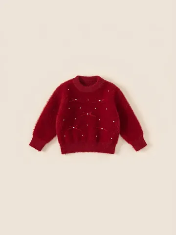 Maglione Rosso in Peluche Caldo Invernale per Ragazze Dolce Fiocco Pullover a Maglia Con Decorazione di Perle Artificiali