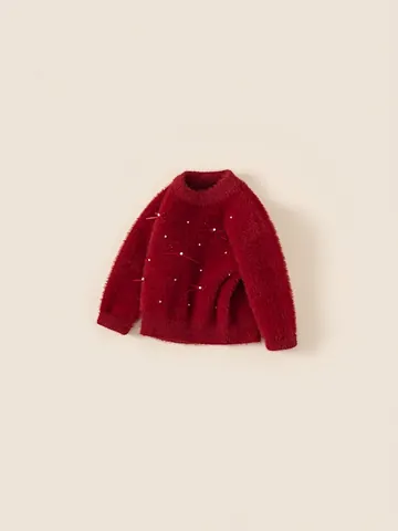 Maglione Rosso in Peluche Caldo Invernale per Ragazze Dolce Fiocco Pullover a Maglia Con Decorazione di Perle Artificiali