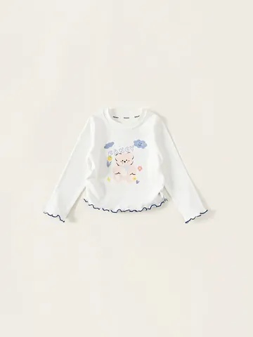 T-Shirt Manches Longues en Mélange de Coton pour Filles Doux Ours Imprimé Bord à Volants Blanc Base Layer Enfant