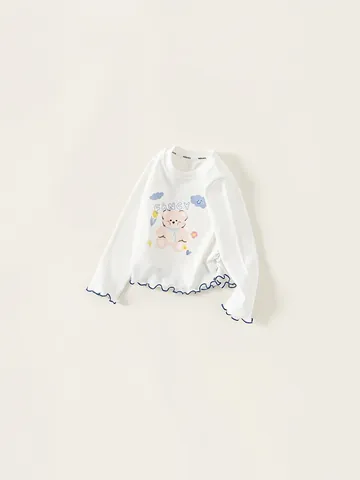 T-Shirt Manches Longues en Mélange de Coton pour Filles Doux Ours Imprimé Bord à Volants Blanc Base Layer Enfant