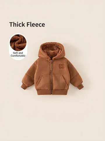 Boys Winter Hooded Jacket Warm Fleece Lined Coat Letter Embroidered Outerwear Casual Polyester Kids Windproof Thick Thermal Jacket Caramel Brown