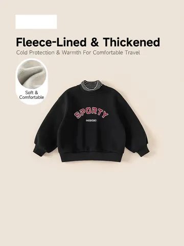 Sweat-shirt en Polaire Rayé Faux Deux Pièces pour Garçons Col Montant Manches Longues Pull Sportif Imprimé Hiver Chaud Haut Décontracté Enfants