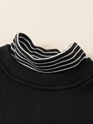 Sweat-shirt en Polaire Rayé Faux Deux Pièces pour Garçons Col Montant Manches Longues Pull Sportif Imprimé Hiver Chaud Haut Décontracté Enfants