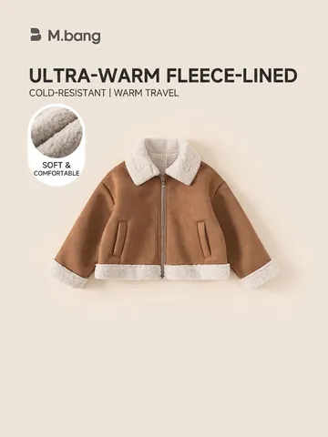 Mädchen Winter Wildlederfleece Gefütterte Jacke Extra Dicke Lammfellbesatz Mantel Reißverschluss Revers Oberbekleidung Mode Warme Kleidung Kinder
