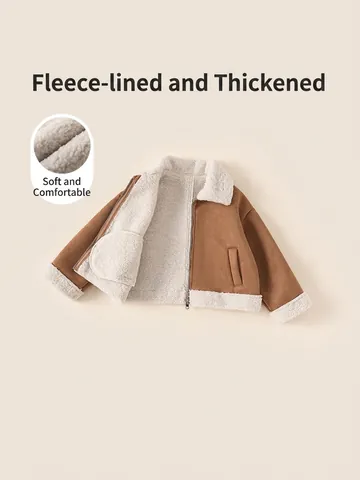 Mädchen Winter Wildlederfleece Gefütterte Jacke Extra Dicke Lammfellbesatz Mantel Reißverschluss Revers Oberbekleidung Mode Warme Kleidung Kinder