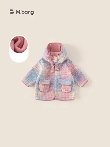Sweet Girls Rainbow Plaid Fleece Jacket Hooded Thickened Warm Outerwear For Toddler Kids Korean Fashion Winter Coat