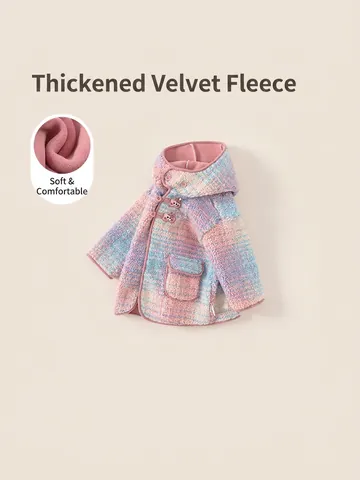 Sweet Girls Rainbow Plaid Fleece Jacket Hooded Thickened Warm Outerwear For Toddler Kids Korean Fashion Winter Coat