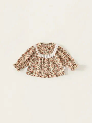 Girls Pastoral Vintage Floral Blouse Lace Trim Long Sleeve Ruffled Cuffs Polyester Toddler Kids Autumn Shirt Top Orange Floral