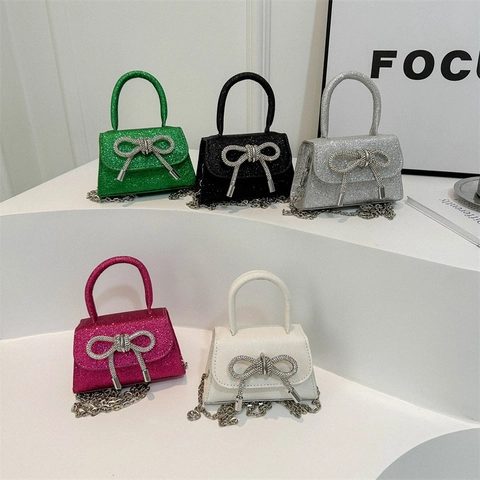 Mini Sac à Épaule Nœud Papillon Strass Pailleté pour Femmes Sac à Bandoulière en Cuir PU Paillettes avec Chaîne en Métal