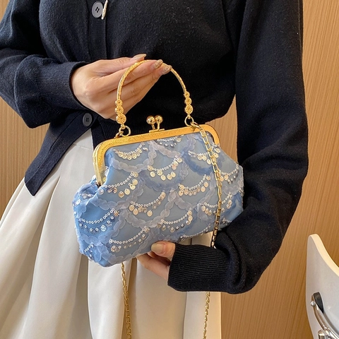 Vintage Kant Lovertjes Avondtas Voor Vrouwen Schelppatroon Metalen Frame Slot Handtas Elegant Bruiloft Feest Schoudertas