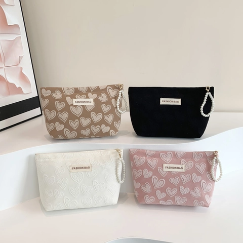Süße Herzmuster Leinwand Kosmetiktasche Tragbare Make-up Organizer Mit Künstliche Perlengriff Mode Reise Kulturbeutel Für Damen
