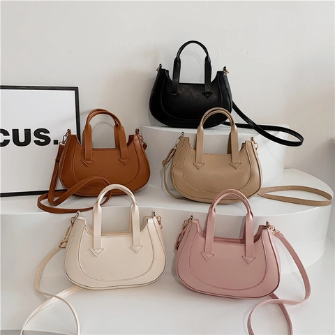 Bolso de Hombro Creciente de Cuero PU Vintage para Mujer Color Sólido Bolso de Axila Asa Superior Bolso de Mano Correa Ajustable