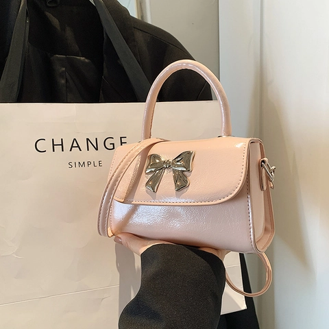 Borsa a Mano in Pelle PU Mini Vintage da Donna Borsa a Tracolla Quadrata Piccola Decorativa con Fiocco Carino per L'estate