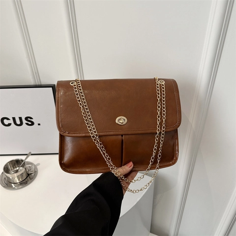 Borsa a Spalla con Catena in Pelle PU Retrò per Donna Borsa Sottobraccio Vintage Borsa a Tracolla con Patta a Girello in Metallo