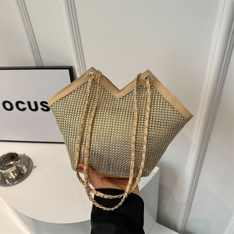Women Fashion Rhinestone Sparkly Tote Bag Large Capacity Glitter Evening Handbag With Chain Shoulder Strap V-Shape Party Bag