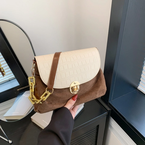 Petit Sac à Bandoulière Vintage en Cuir PU Motif Crocodile Bloc de Couleur pour Femme Sac Besace Décor de Chaîne Sacoche Selle Carrée
